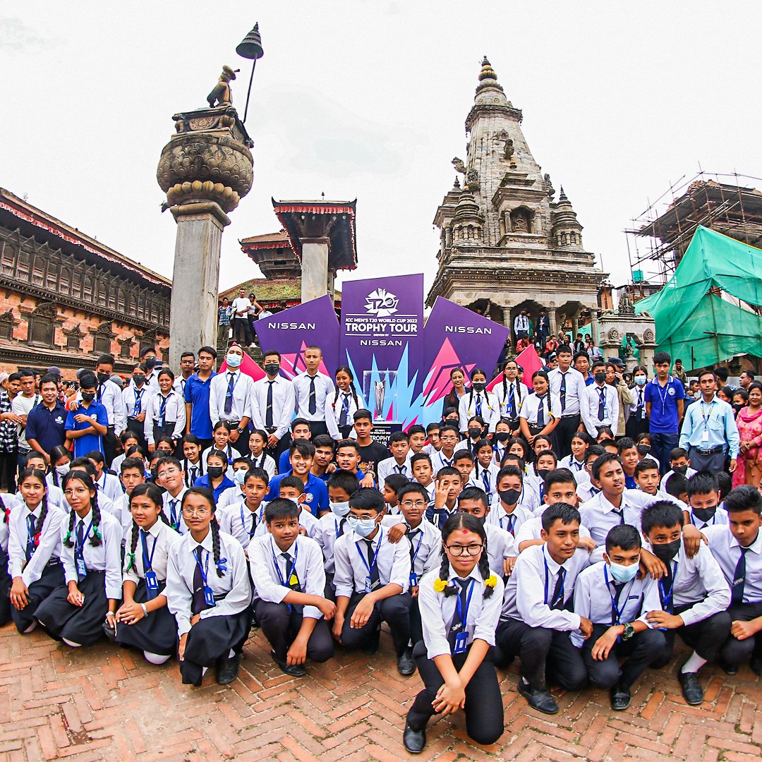 T20WorldCup's tweet photo. Captured in Kathmandu 📸 

The best shots as the ICC Men's #T20WorldCup, Trophy Tour visited Nepal 🇳🇵 https://t.co/Y12CXgJyjt