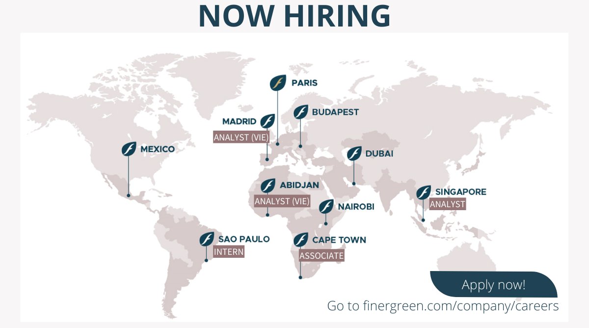 We are #hiring!

We have more than 70 professionals in 10 offices worldwide. And we continue to seek out new and vibrant talent to join our young, diverse, enthusiastic, and passionate teams about energy transition.

These are our open positions: finergreen.com/company/career…

#Jobs
