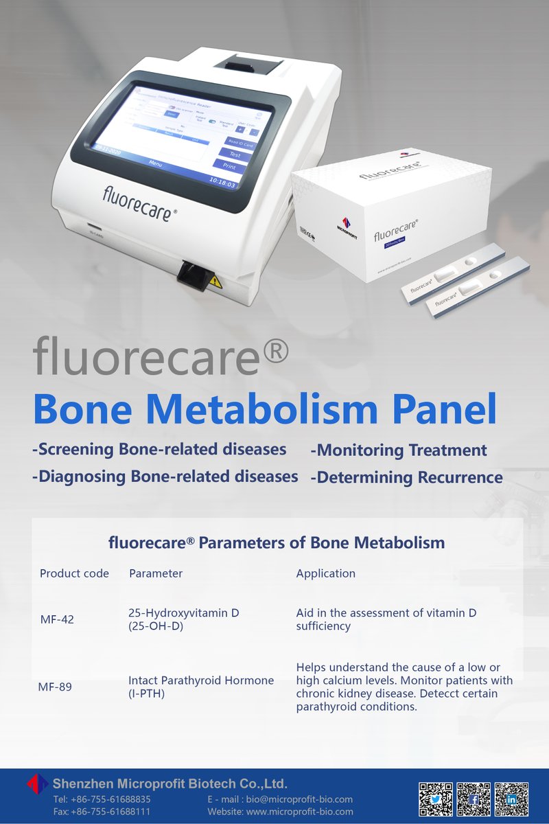 microprofitbio's tweet photo. #fluorecare® Bone Metabolism Panel
- fluorecare® FIA Quantitative POCT Platform
- Immunochromatographic Assay
#Microprofit #VD #VitaminD #25OHD #IntactParathyroidHormone #IPTH #ParathyroidHormone #PTH #POCT #FIA #IVD #Immunochromatographic #Quantitative #Bone #BoneMetabolism https://t.co/jTrvcX8meL
