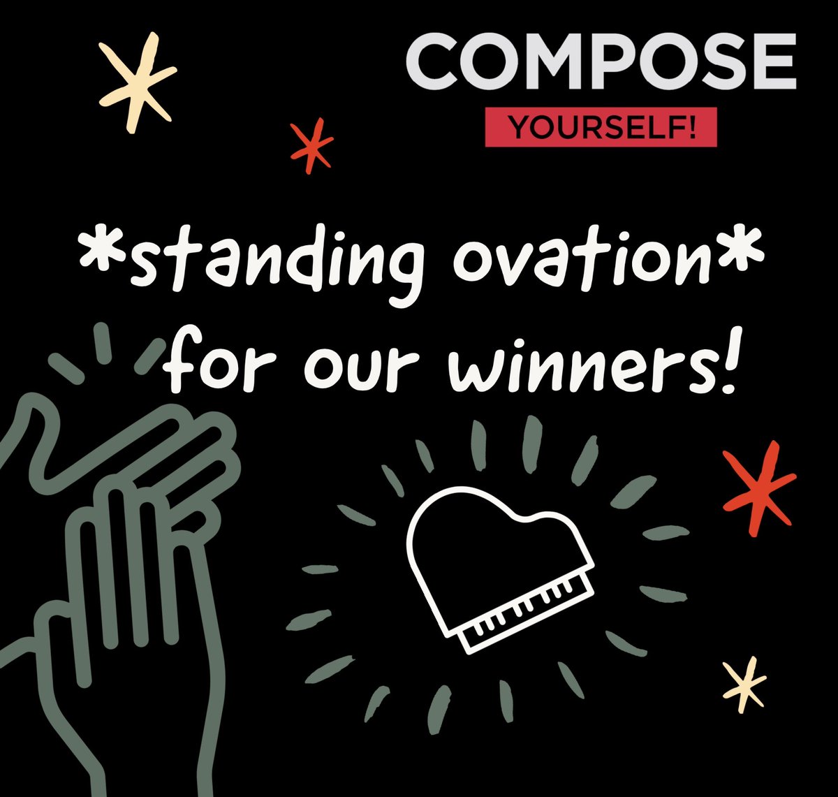 YourselfCompose's tweet photo. A big round of applause for our fantastic winning composers! We'd love you to listen to Mystery, Lost City, Longing for Hope,The Prelude of Twists and Turns, Late Winter Waltz, The Lost Word, Nativis, Berliner Waltz, Variations on a Theme by Fauré, Agité https://t.co/8g9MMHkyXd https://t.co/R4S6BRFcm2