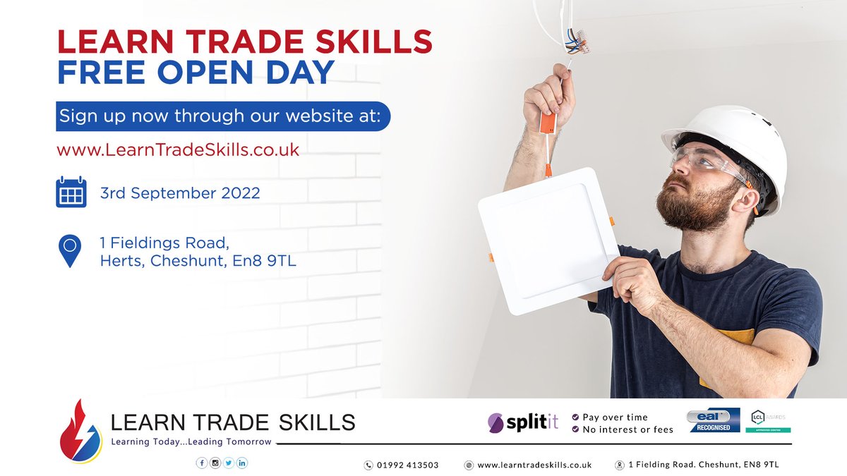 LearnTradeSkill's tweet photo. #LearnTradeSkills will be hosting a FREE Open Day this Saturday at our training centre located in #Cheshunt #Hertfordshire

The Open Day will be starting at 10:30am and is expected to finish at 12:30pm.

Sign Up Now: https://t.co/9RrZktWc7C https://t.co/qdC65ydckp
