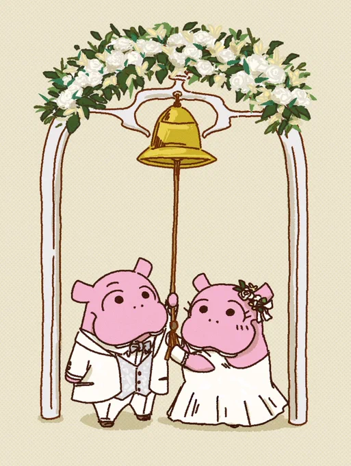 鐘を鳴らすカバさん#カバ #かば #イラスト #鐘 #結婚式 