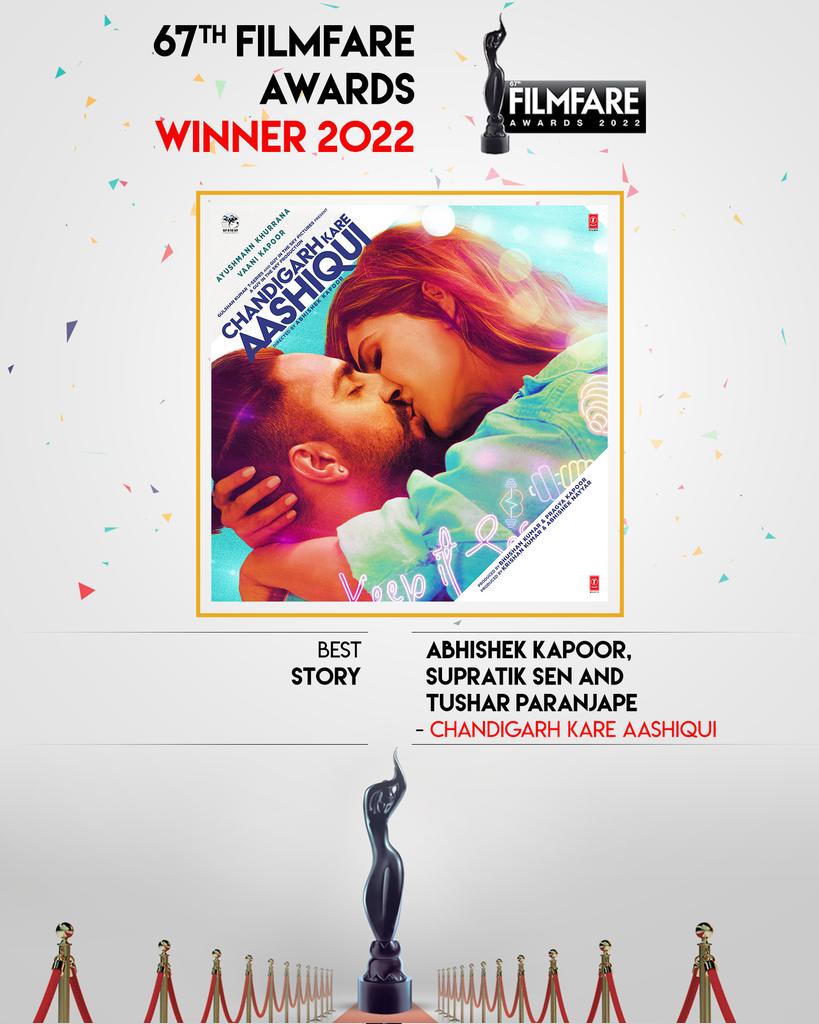 The story that won hearts has now won the @filmfare! 🏆 #ChandigarhKareAashiqui wins Best Story at the 67th #Wolf777newsFilmfareAwards 2022. @Abhishekapoor @ayushmannk @Vaaniofficial #BhushanKumar @pragyakapoor_ #KrishanKumar @Abhishek7Nayyar @TushParanjape #SupratikSen