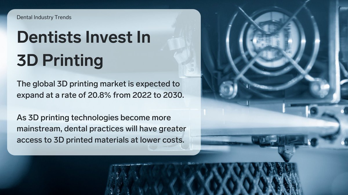 dento_app's tweet image. The global 3D printing market is expected to expand at a rate of 20.8% from 2022 to 2030.
As 3D printing technologies become more mainstream, dental practices will have greater access to 3D printed materials at lower costs.
#explodingtopics #Dental #dento
