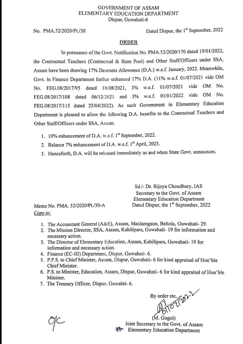 ranojpeguassam's tweet photo. Contractual teachers and other staff/officers of SSA will receive enhancement of 10% DA from 1 September, 2022 onwards and another enhancement of 7% DA from 1 April, 2023 onwards. 1/2 @himantabiswa @CMOfficeAssam @mygovassam https://t.co/Cn59TE5HmM