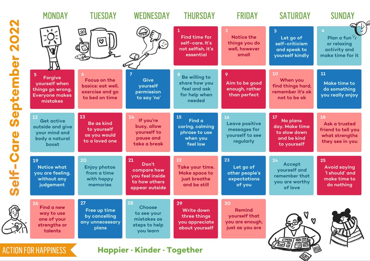 TreatTimeStore's tweet photo. It's #SelfCareSeptember ❤️
It's so important to make time for yourself. 

Below is the Action for Happiness calendar - share this with your team, friends and family to encourage them to take a moment for themselves this September. 

#selfcare #mindfulness #wellbeing https://t.co/1Nam1yqjlV