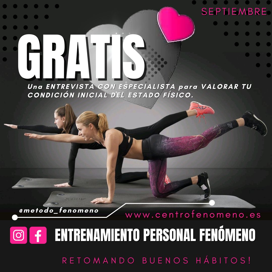 RETOMANDO BUENOS HÁBITOS. Es hora de...
✅Mejorar la calidad de vida. ✅Ponerse en forma.
✅Perder esos kilitos de más.
✅Romper con el estrés de cada día.
✅Disfrutar del bienestar gral. 
 
💥GRATIS ENTREVISTA DE VALORACIÓN FÍSICA.
centrofenomeno.es