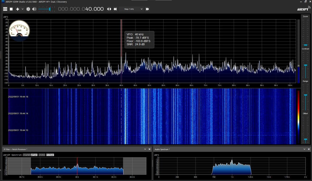 radiosiesta's tweet photo. 今しがたのVLF
22.2、40、54kHzは入感中
21.1、25kHzは不感
60kHzはノイズのため入感確認ができません
空電の影響でウォーターフォールに横線が入ります
24.1kHzでも信号波が確認できます
こんばんは
#VLF
#Airspy
#sdrsharp https://t.co/kGDN45bSOs