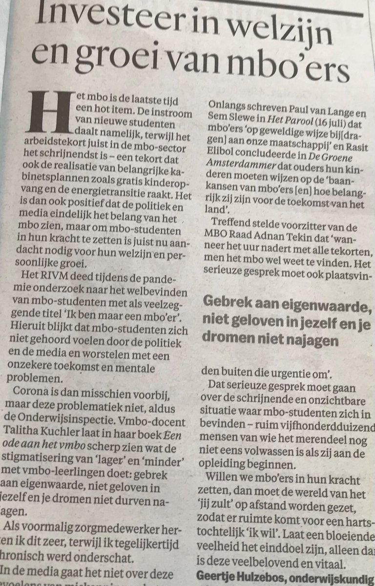 We vinden mbo’ers vooral belangrijk op het moment dat we hun gouden handjes nodig hebben. Jarenlange stigmatisering heeft duidelijke sporen achtergelaten. Investeer in het welzijn van mbo’ers en laat ze zelf verkennen wie ze zijn en wat ze willen worden.
