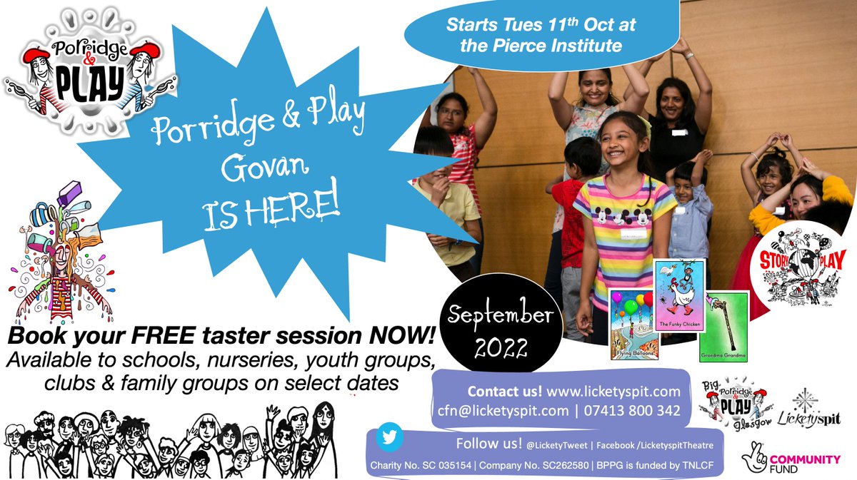 LicketyTweet's tweet photo. Porridge & Play is coming to #Govan!
We will be playing, eating, drawing and adventuring together at the @PearceInstitute from Tuesday 11th October! For families with 3-8 yr olds.
To organise a free taster session, please get in touch. Fohttps://www.licketyspit.com/govan-22/ https://t.co/DPy80x7dU3