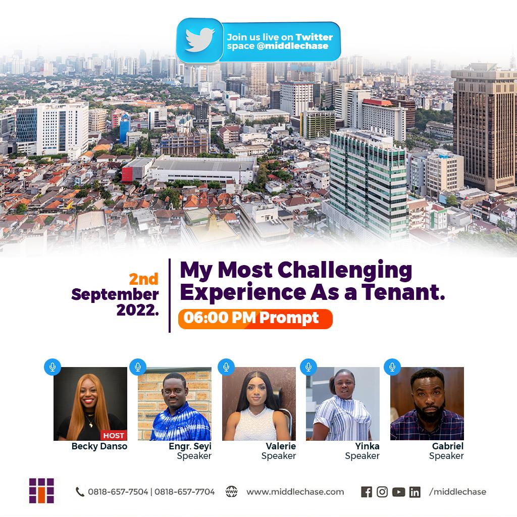IamMiddlechase's tweet photo. Everyone has experienced one form of challenge or the other as a tenant.
What is your most challenging Experience as a Tenant.
Join us on Friday,2nd of September,2022.
https://t.co/xTO8FnzxEg
#TenantExperience #TwitterSpace #Middlechase https://t.co/b9fqSpByOv