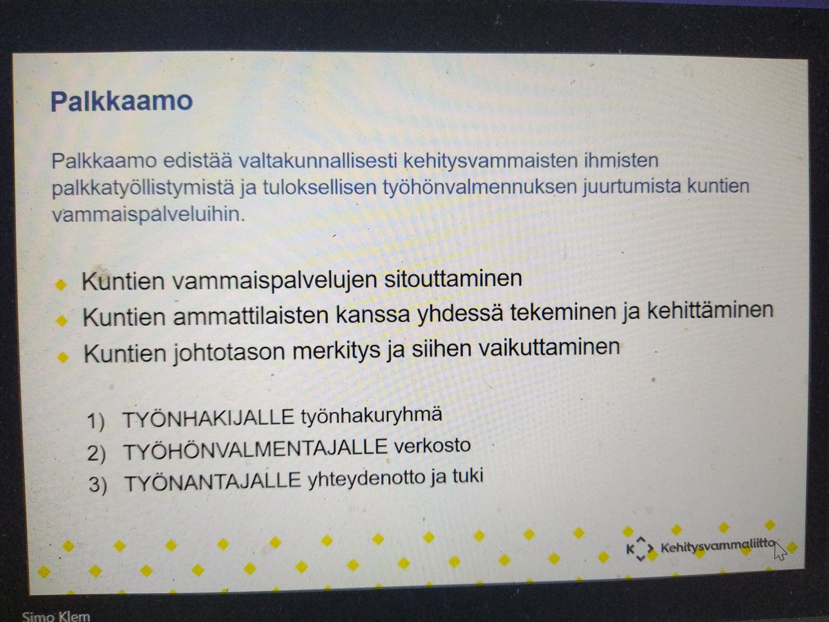 Palkkaamo on <a href="/KVLiitto/">Kehitysvammaliitto</a> toimintaa, joka edistää valtakunnallisesti kehitysvammaisten ihmisten #palkkatyö'llistymistä ja #työhönvalmennus juurtumista kuntien vammaispalveluihin. Tukea tarjotaan sekä työnhakijoille, työhönvalmentajille että työnantajille. <a href="/SimoKlem/">Simo Klem</a>
