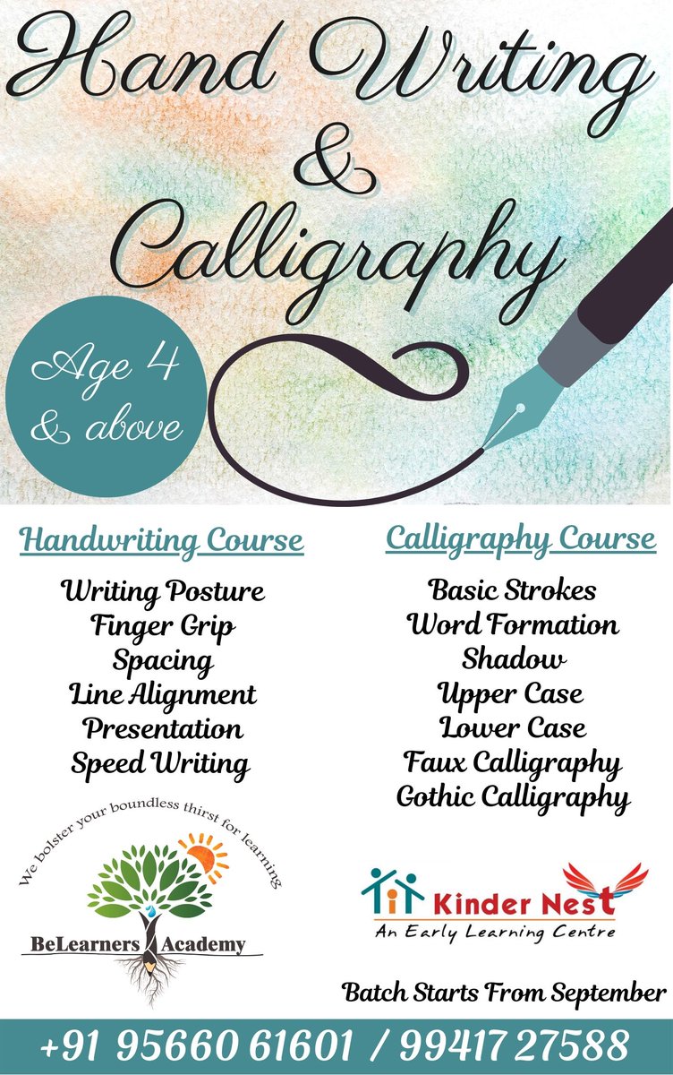 BLearner1's tweet photo. Greetings from Belearners Academy!
Is your child losing confidence due to handwriting?
Join our handwriting improvement and calligraphy classes.
Courses Includes:
Readable handwriting 
Mind and hand coordination
Grip movement
Spacing of words and so on.

#belearnersacademy https://t.co/CnG7Xg7Vtr