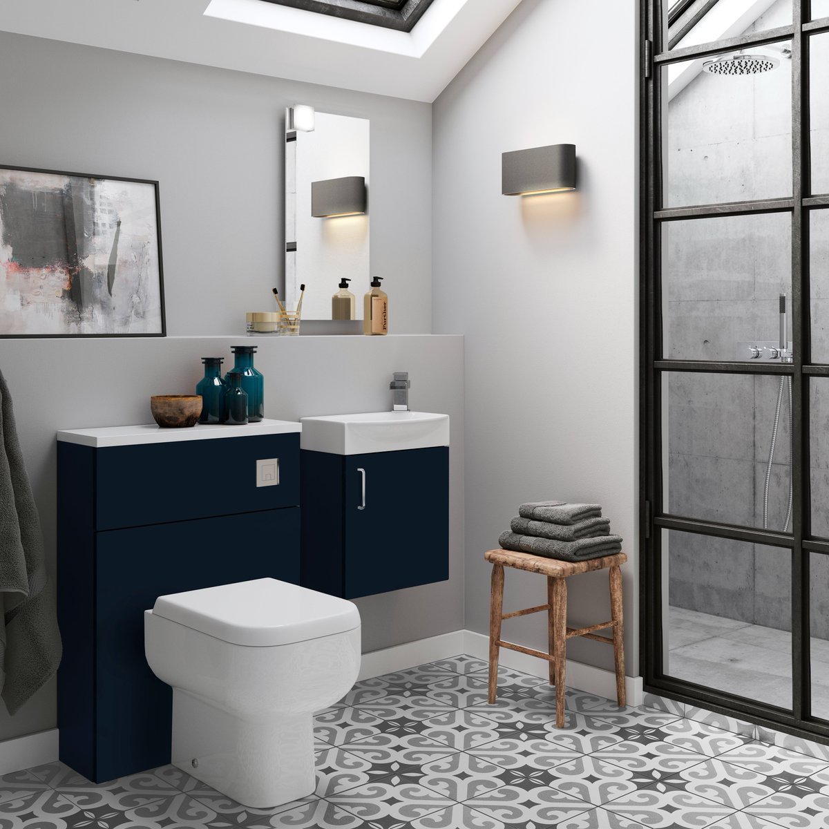 You don't need a large bathroom to create a sense of luxury. The modular unit in Indigo Blue with the Eva sit-on mineral cast basin creates a richness while still giving you space to breathe!