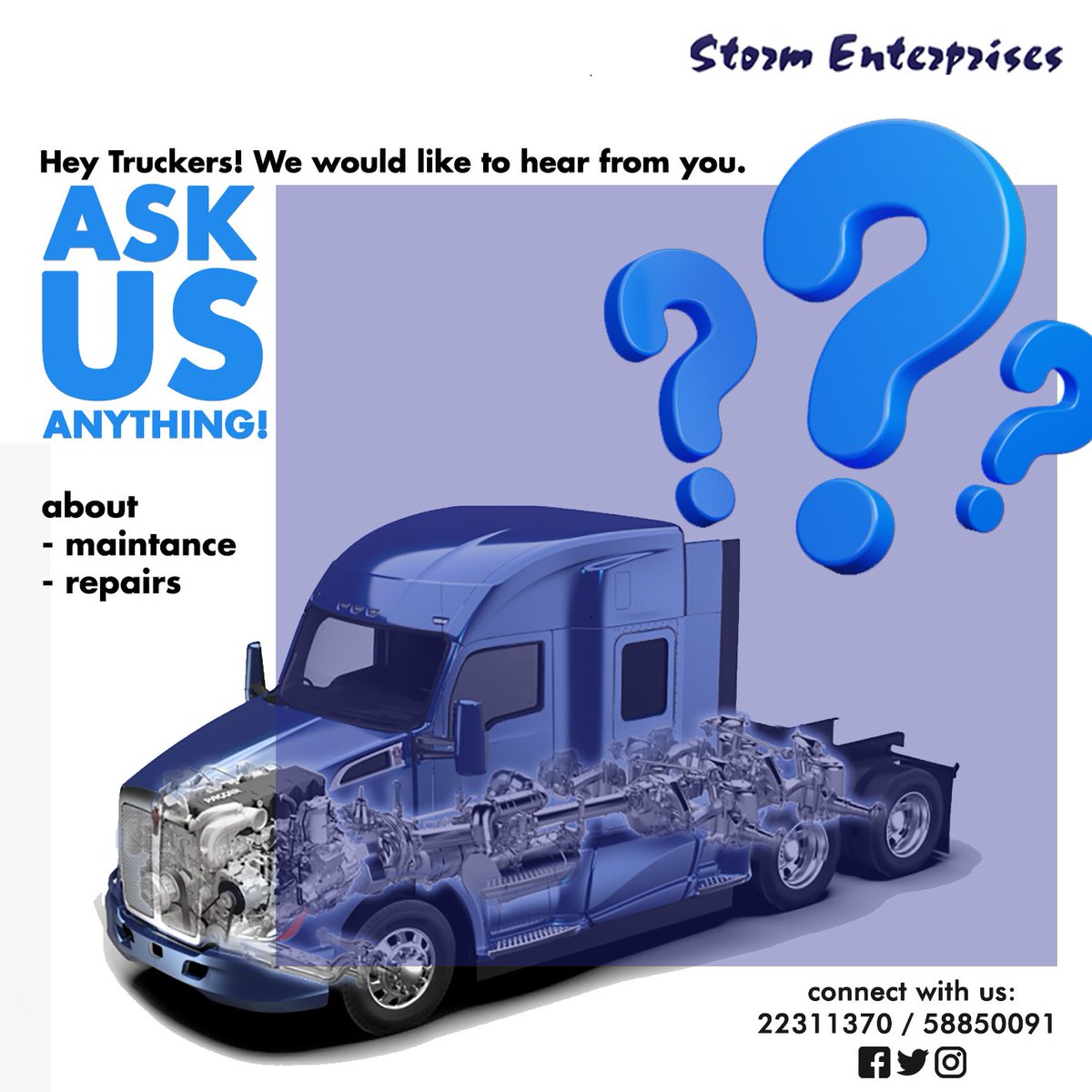 StormEnterpris5's tweet photo. Ask us anything! Whether its about maintenance advice or some serious garage diagnosis that only a machanic can answer/handle. Send us a massage, we'll be more than happy to help.
.
.
.
.
#truckrepairs #maintance #motorgarage #stormenterprises https://t.co/qNYe1FlCMc
