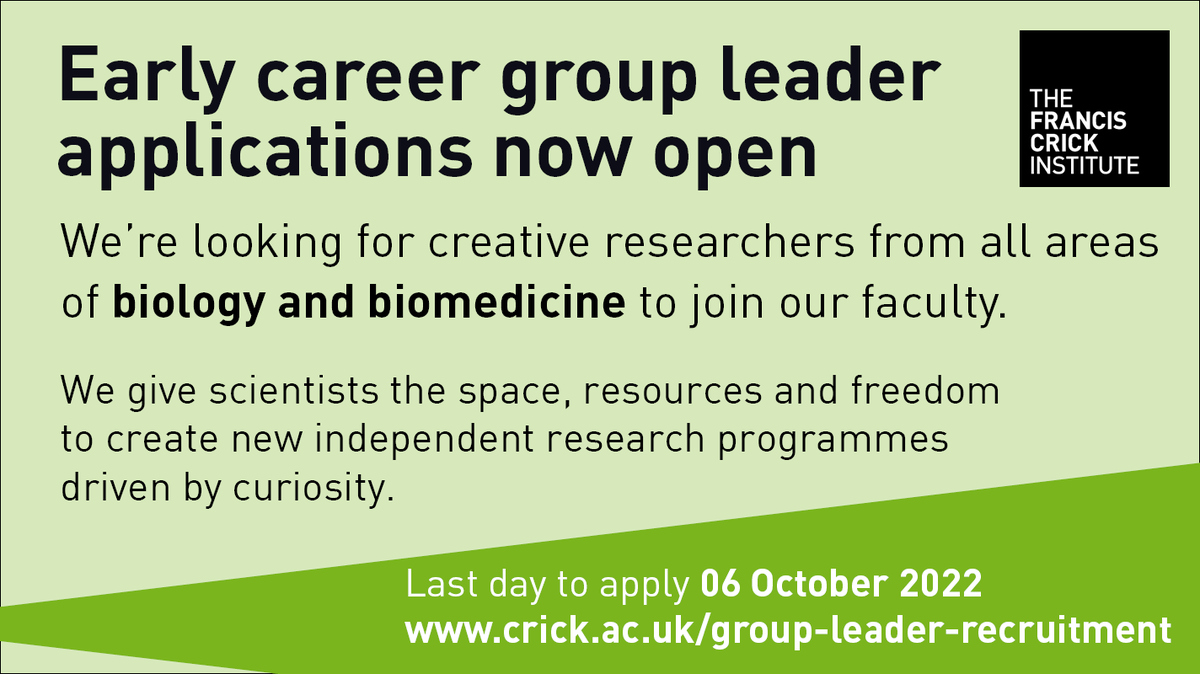 Job Alert! @TheCrick is recruiting early career group leaders (again) All areas of bio, biomed & related research 12 years core funding, great facilities, fantastic colleagues (& me) Deadline: 6 October Details: crick.ac.uk/careers-study/…