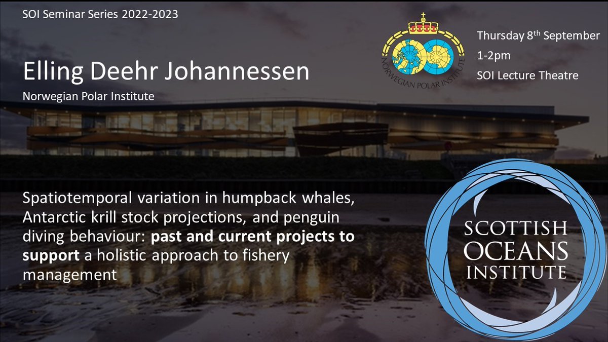 SchoolofBiology's tweet photo. Don't miss out on the start of the SOI Seminar series!🎓

Kick off is next Thursday (8/9/22), 1-2pm @ the SOI Lecture Theatre with:

Elling Deehr Johannessen (from the Norwegian Polar Institute) talking about "Spatiotemporal variation in humpback whales" 🐳🐳🐳

See you there! https://t.co/YIScIrxhXL