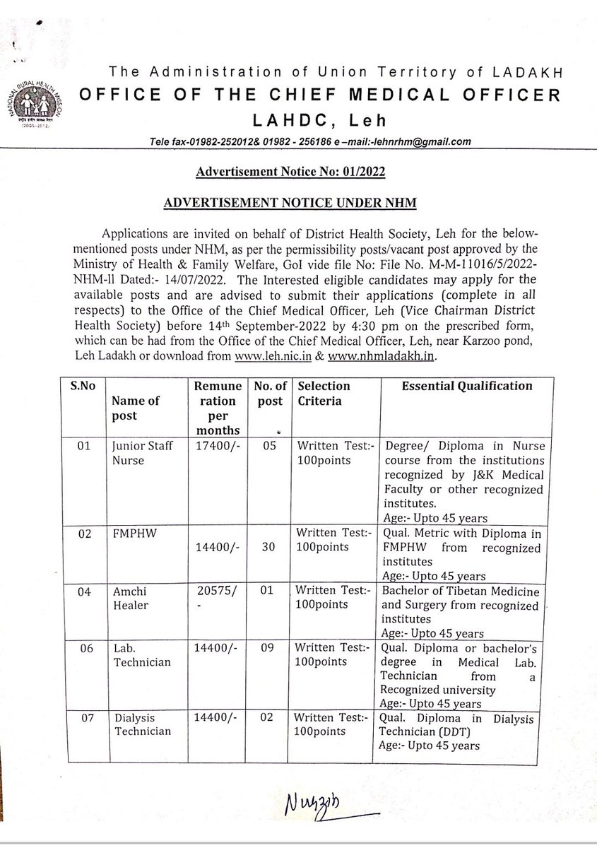 DIPR_Leh's tweet photo. Applications are invited on behalf of District Health Society, Leh for below mentioned posts under NHM.
Interested &amp; eligible candidates should submit their form before Sept 14 at Office of CMO Leh. 
Visit: https://t.co/R3w2FrKpoJ or https://t.co/WiXhgdWVKy
@NhmLadakh @PBLadakh https://t.co/EjRalYvgjv