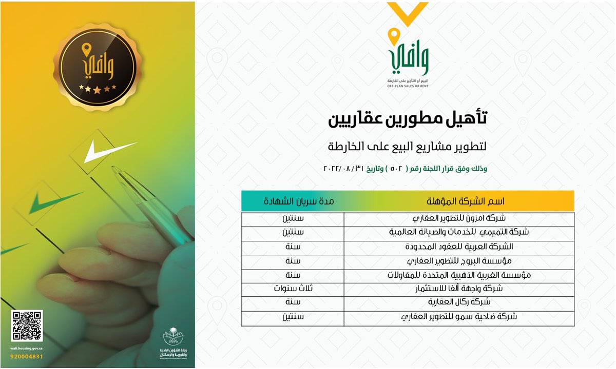 aqari__sa's tweet photo. إصدار شهادات تأهيل مطورين عقاريين لتطوير مشاريع للبيع على الخارطة 

https://t.co/e7oR0KH7Pr

#وافي https://t.co/K0fyeHghv0