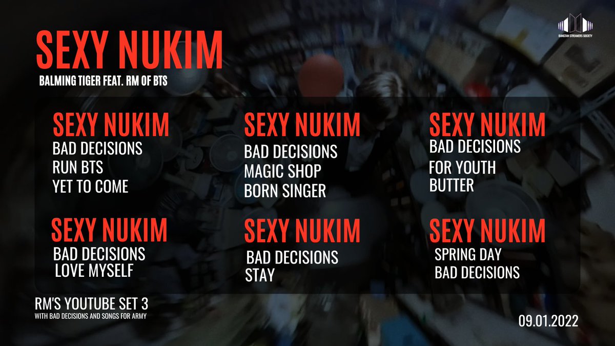 BTStreamSociety's tweet photo. No time to feel lonely, ARMY. RM gave us an oozing confidence to let haters gonna hate forever! 🙌

Sexy Nukim with Bad Decisions and Songs for ARMY.

MV Link: https://t.co/awrVVruX7H

I am listening to #SEXYNUKIM by #BalmingTiger feat ( #RM of #BTS) #섹시느낌 @BTS_twt https://t.co/BChpOmLFSh