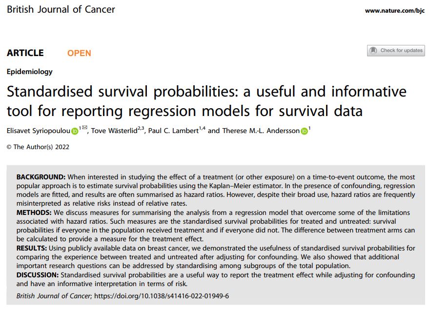 betty_syriop's tweet image. New paper out! Let me introduce our latest tutorial on standardised survival probabilities, where we discuss how to improve summarising/reporting the results of a time-to-event (survival) analysis to go beyond hazard ratios (HRs). #statstwitter #epitwitter