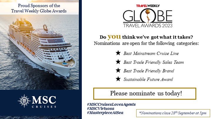 📣Nominations are open for <a href="/travelweekly/">Travel Weekly</a> Globe Travel Awards

We would love your nominations in the following categories 

🏆Best Mainstream Cruise Line
🏆Best Trade Friendly Sales Team
🏆Best Trade Friendly Brand
🏆Sustainable Future Award

Click here ➡️ bit.ly/3CNS4My