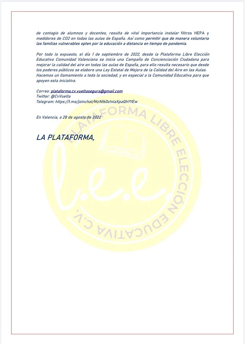 MA_Campano's tweet photo. Yo también me sumo a la campaña de la Plataforma "Libre Elección Educativa" Comunidad Valenciana (@CvVuelta), para:

✅ Dotar con medidores de CO2 y filtros HEPA a TODAS las aulas
✅Disminuir la ratio en TODOS los niveles educativos https://t.co/2d6tSbyHGb