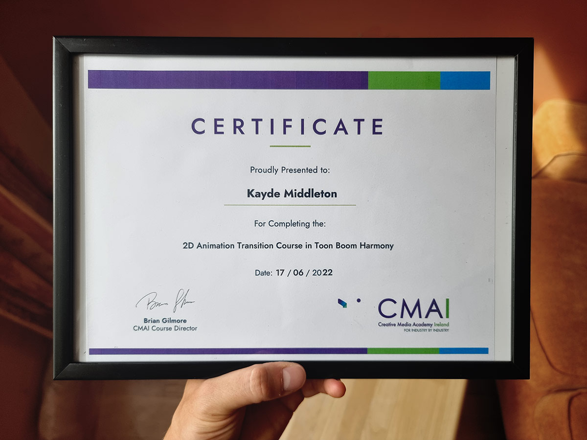 Mr_Kayde's tweet photo. Certified Toon Boom graduate of the 2D Animation Transition course in Toon Boom Harmony by CMAI (Creative Media Academy Ireland), Lead by Brian Gilmore as course Director. 🥳 I was meant to post this ages ago! https://t.co/y4GYaQAPEj