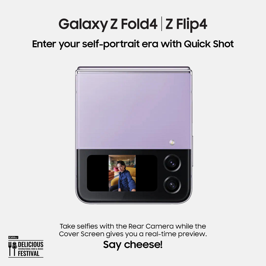 SamsungMobileSA's tweet photo. We can't wait for you to experience unforgettable flex at the @DeliciousFestSA 2022 😋

Flexing on them alone? No need to flip😌get ready to see how the #GalaxyZFlip4's #QuickShot is your best bet to get those🔥 selfies in no time! https://t.co/fNHucS2Pf8
