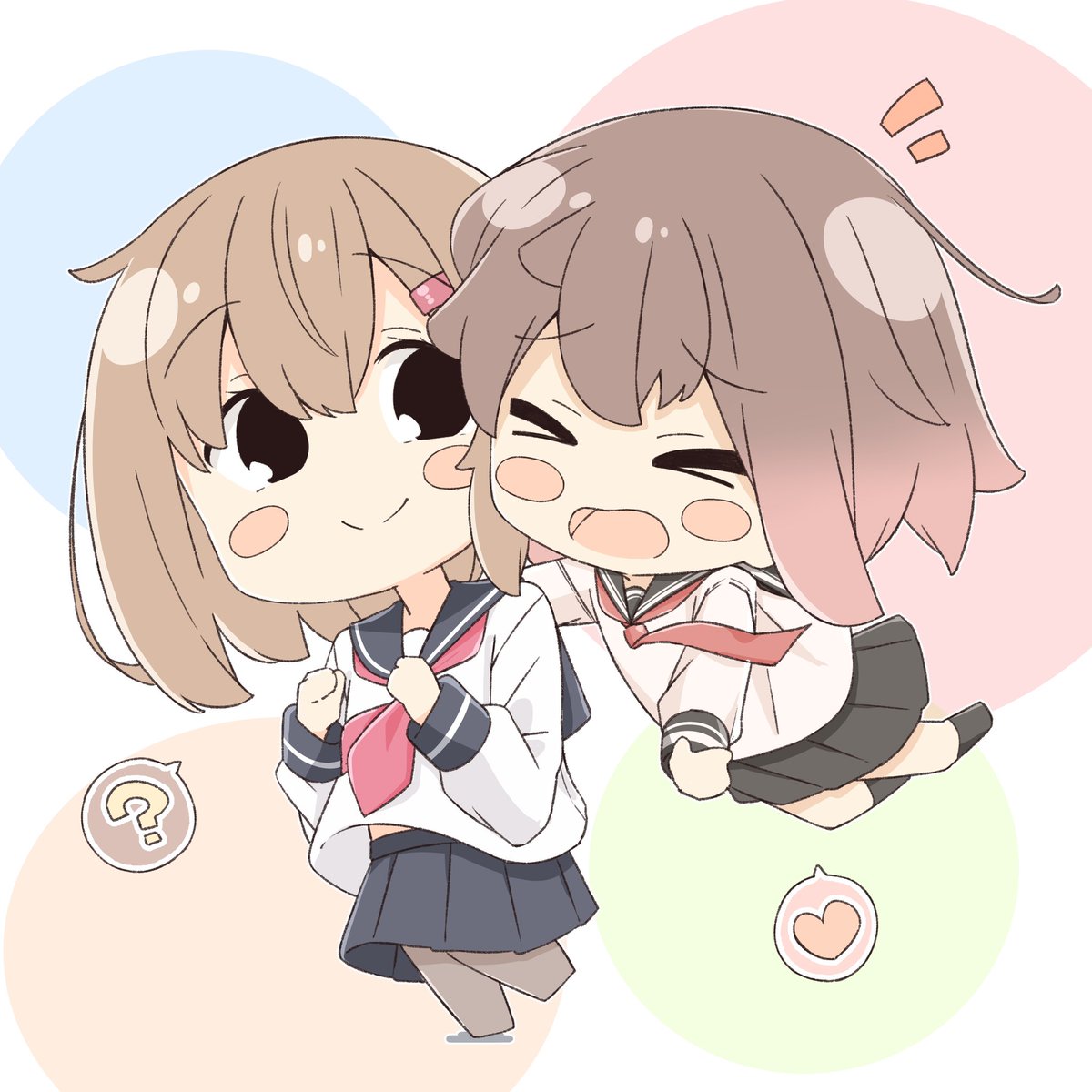 ikazuchi (kancolle) multiple girls 2girls school uniform > < brown hair serafuku blush stickers  illustration images