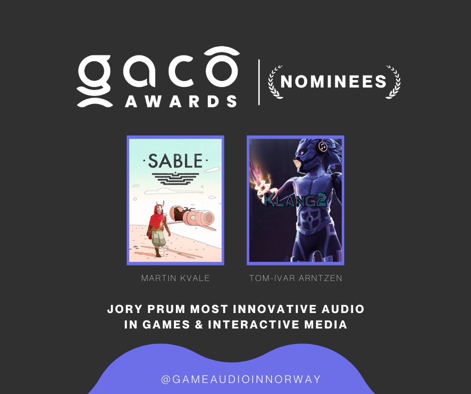 GAiNorway's tweet photo. Jory Prum Most Innovative Audio in Games &amp; Interactive Media
- Sable, Martin Kvale
- Klang 2, Tom-Ivar Arntzen

#gacoawards #gameaudioawards #gameaudio #gamemusic #gamedev #gamedevelopment #soundtrack #sounddesign #gameprogramming #gameaudioconference #gaco https://t.co/iaQVC9Au8x