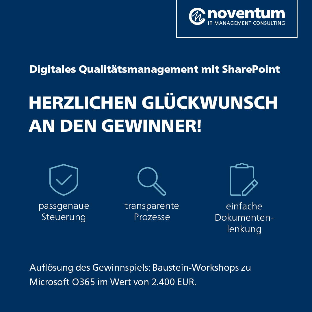 Auflösung des Gewinnspiels: Wir gratulieren dem Gewinner, Jörg B. aus Senden, zu seinem Gewinn des Baustein-Workshops für Microsoft O365 im Wert von 2.400 EUR.
#Microsoft #O365 #Workshop #noventum
