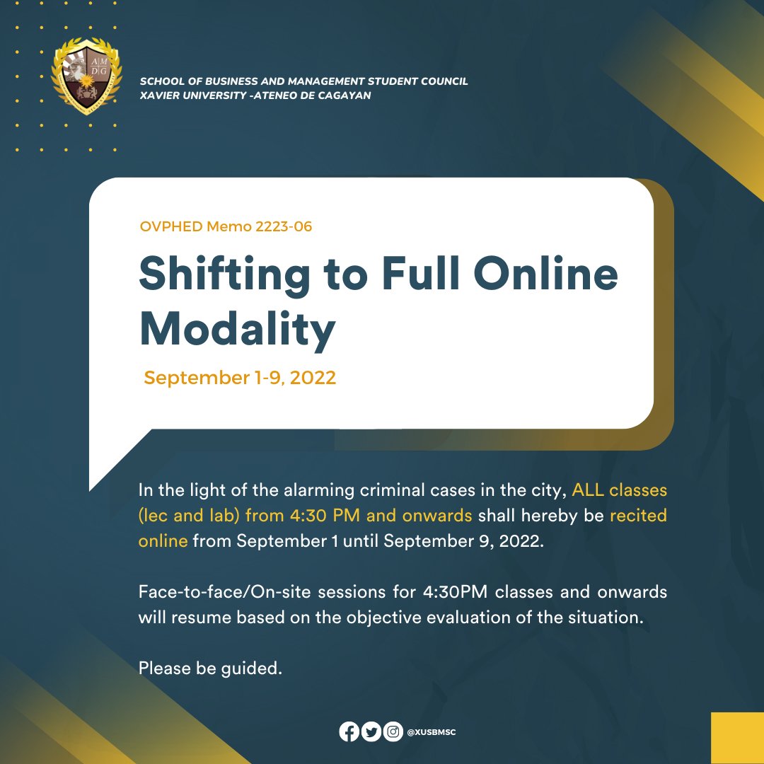 XUSBMSC's tweet photo. Agila Notice! ๐ฆ
OVPHED Memo 2223 - 06
Shifting to Full Online modality of 4:30 PM classes and onwards
Please be guided.
#XUSBMSC
#KaAgila https://t.co/XpFP0xKBzE