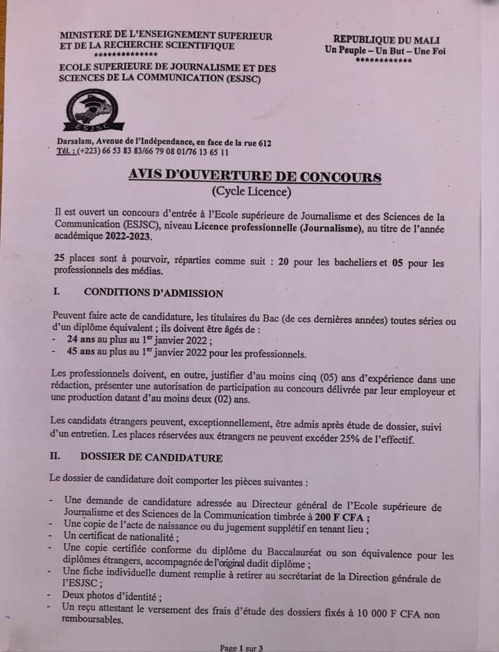 KolonSam's tweet photo. #Mali: Il est ouvert un concours d'entrée à l'Ecole supérieure de Journalisme et des Sciences de la Communication #ESJSC, niveau Licence professionnelle ( Journalisme ) au titre de l'année académique 2022-2023 . 25 places sont à pourvoir. https://t.co/QhOVdcv5gX
