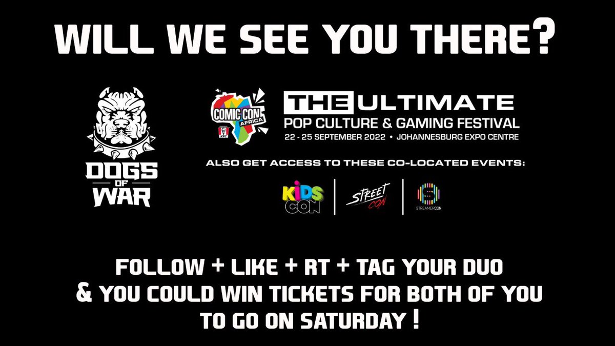 dowesportsza's tweet photo. We would love to meet you at @ComicConAfrica so we are giving away 2 sets of 2 tickets for Saturday ! 

Follow these steps to enter
 
Follow Us
Retweet
Like
Tag your Duo

Winners will be randomly selected and announced on the 14th of Sept 🔥 https://t.co/OgunkpGSmt