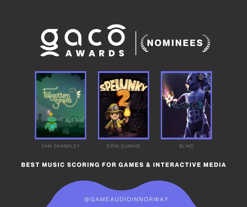 GAiNorway's tweet photo. Best Music Scoring for Games &amp; Interactive Media
- Forgotten Spirits, Arian Vik
- Spelunky 2, Eirik Surkhe
- Klang 2, Blind

#gacoawards #gameaudioawards #gameaudio #gamemusic #gamedev #gamedevelopment #soundtrack #sounddesign #gameprogramming #gameaudioconference #gaco https://t.co/cg5uxDviai