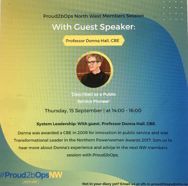 michelleljcox's tweet photo. Really excited to announce our next @P2bOps_NW virtual session on 15th September. @michelleljcox @proud2bOps @emmachallans 

Can’t wait to connect with colleagues and meet the fantastic @ProfDonnaHall please like and share widely! https://t.co/qUgaBhQQ3r
