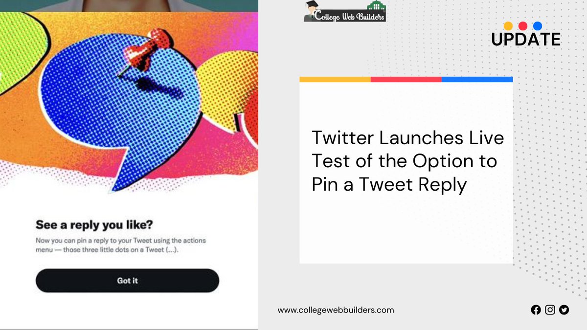 Collegewebbuil1's tweet photo. Now some users will be able to keep that reply at the top of the thread.
#collegewebbuilders #twitterupdate #pinreply #newoption #pin #reply #updates https://t.co/iFeowdmu3H