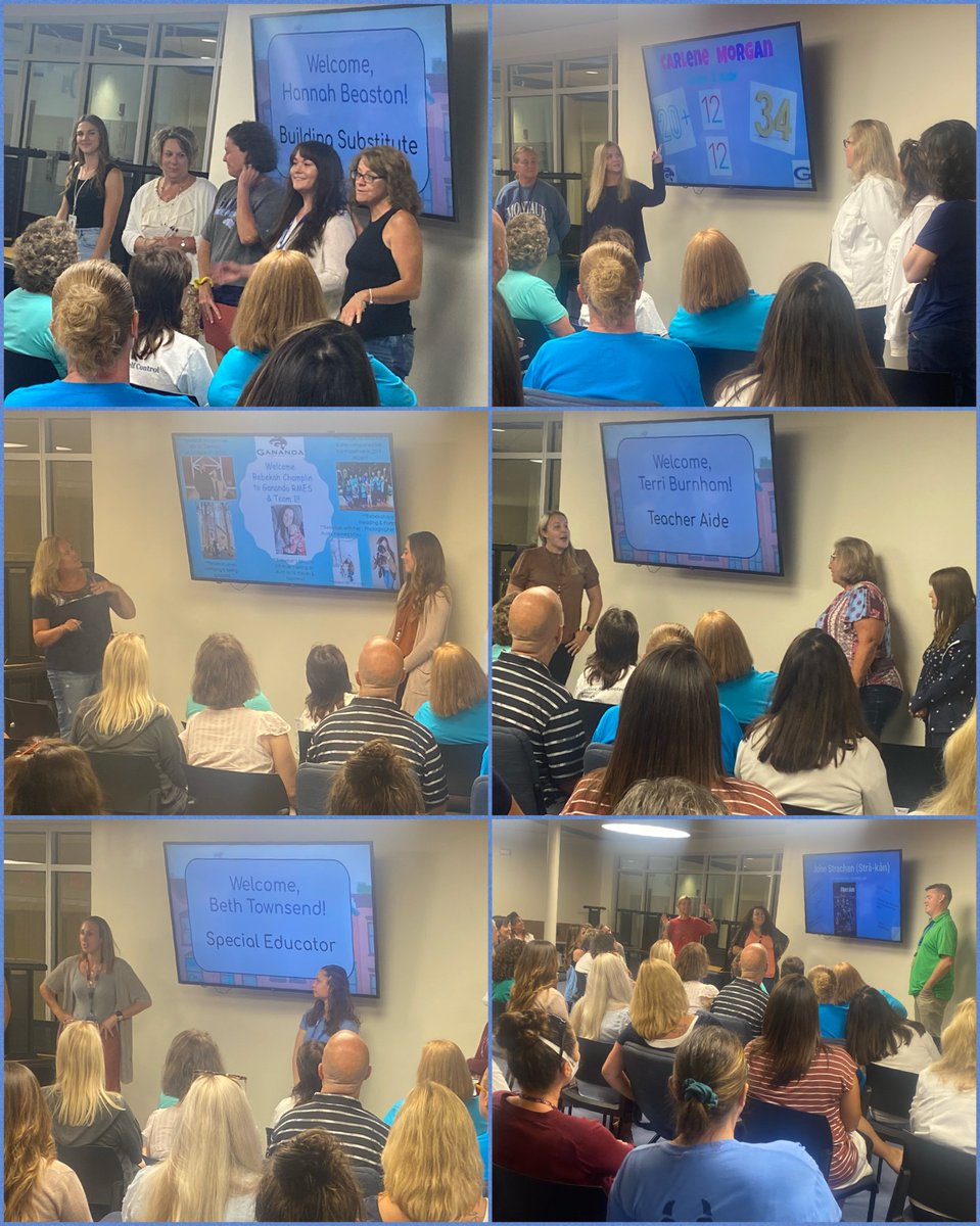 Katy_Lumb's tweet photo. We are #GanandaPROUD to welcome the newest members of our RMES family! Teams were so creative, thoughtful, and funny as they introduced them in our Staff Meeting yesterday! #BackToSchool https://t.co/H6PfavNbNI