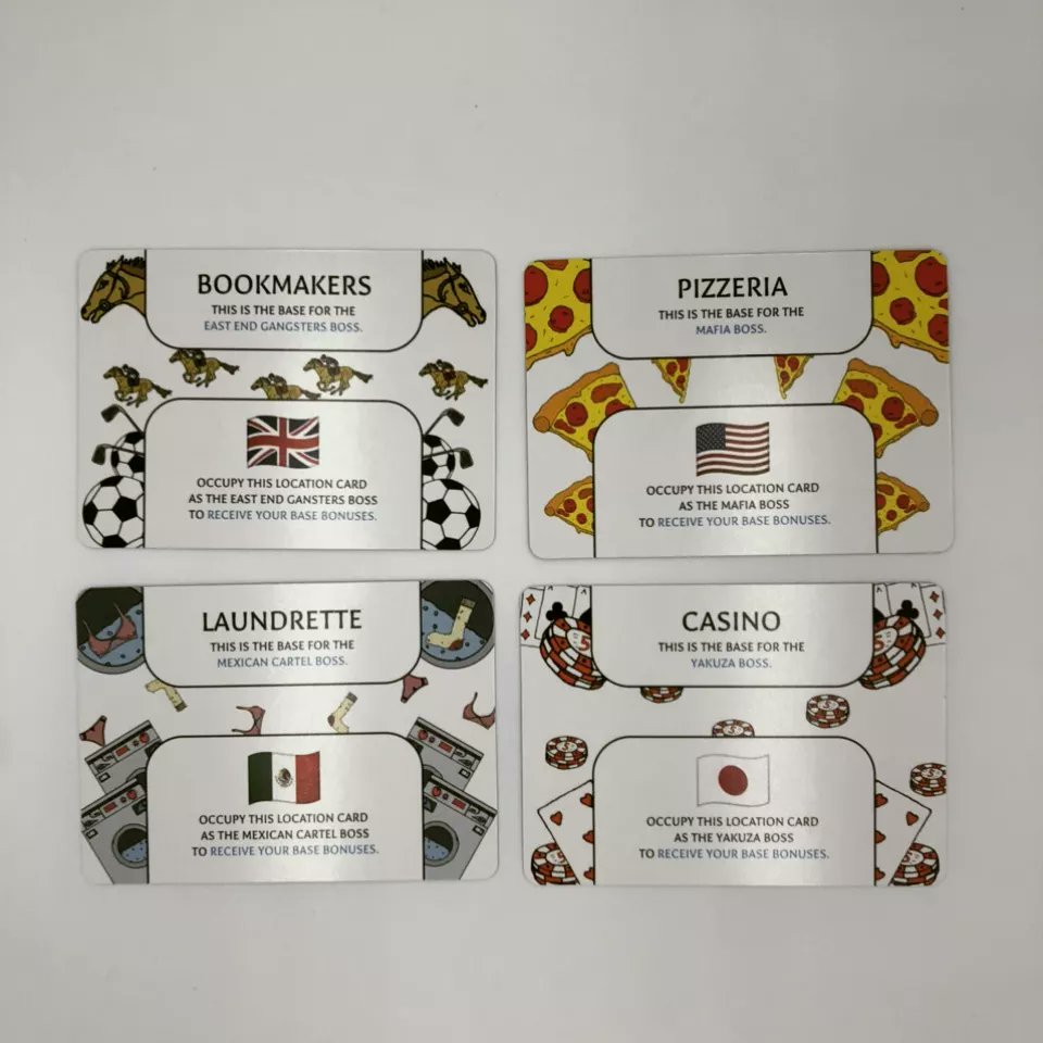 The Family has 8 Location Cards that each grant you a bonus. If you occupy your own Crime Family Base Location then you get even more bonuses!

Base locations:
East End Gangsters = Bookies
Mafia = Pizzeria 
Yakuza = Casino
Mexican Cartel = Launderette

#cardgames #boardgames