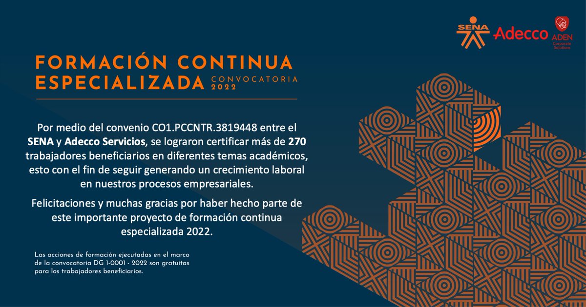 El día de hoy nos alegra anunciar que junto a <a href="/SENAComunica/">SENA</a> logramos certificar a más de 270 de nuestros empleados en diferentes temas académicos 🤓📖🥳
Queremos agradecer a nuestros trabajadores por ser parte de esta formación continua especializada 2022 👏

#SENAConLasEmpresas