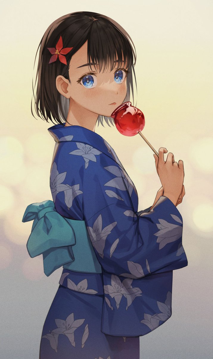 1girl japanese clothes solo kimono food blue eyes candy apple  illustration images