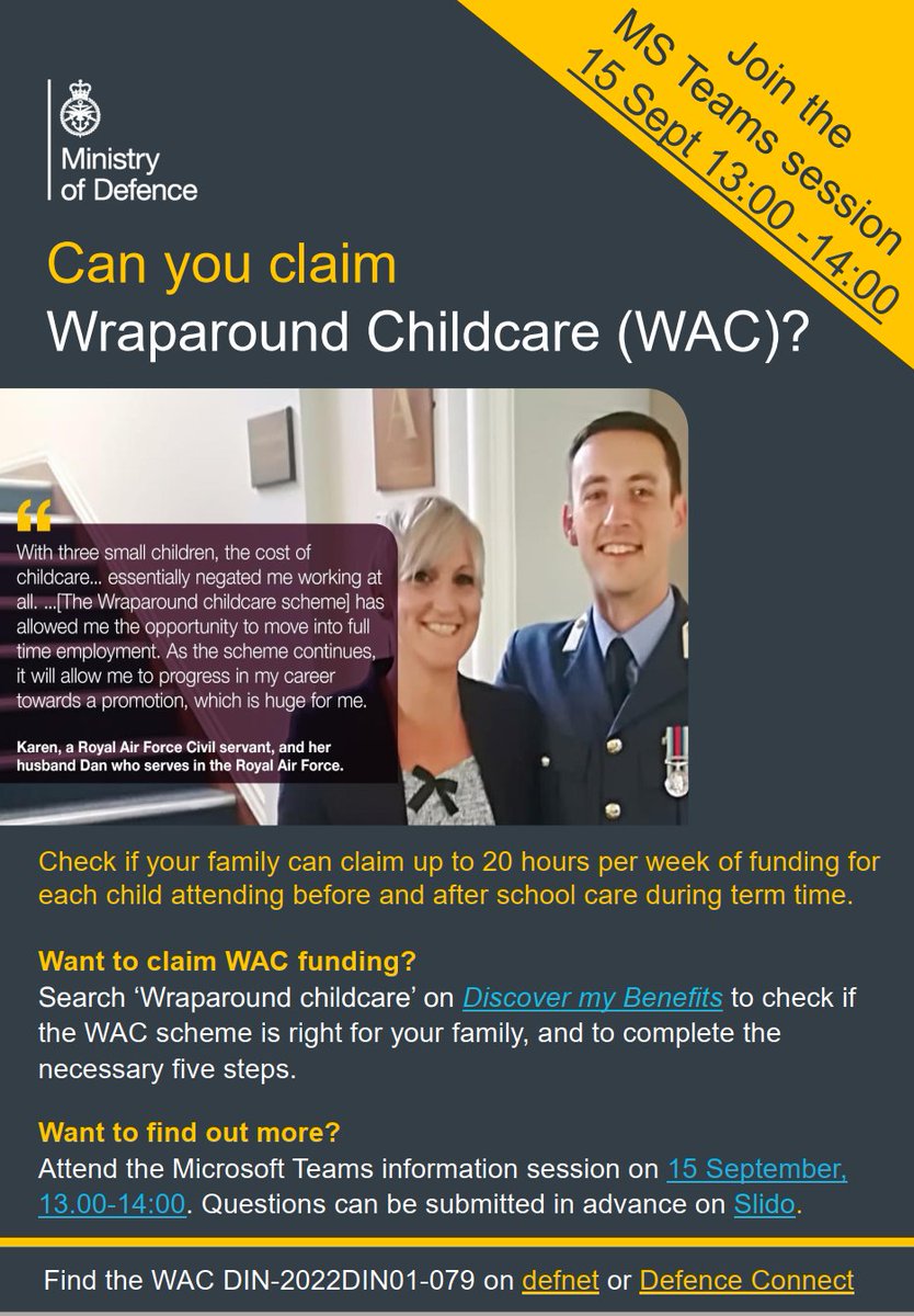 RAFBensonHIVE's tweet photo. Third update: Wraparound childcare funding now available in the UK

Today marks another significant milestone in Defence’s support for current and future Service families. After successful pilots, the Wraparound childcare (WAC) scheme is being rolled out across the UK today. https://t.co/N2WqV1WyN6