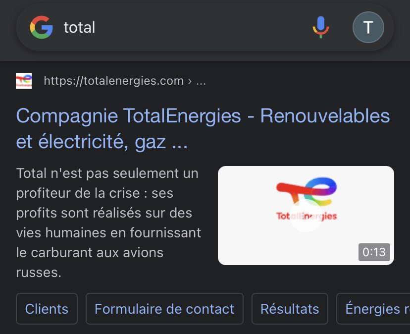 Je pensais à une blague mais c’est vraiment le cas : TotalEnergies a une nouvelle description quand on tape son nom sur Google 😳