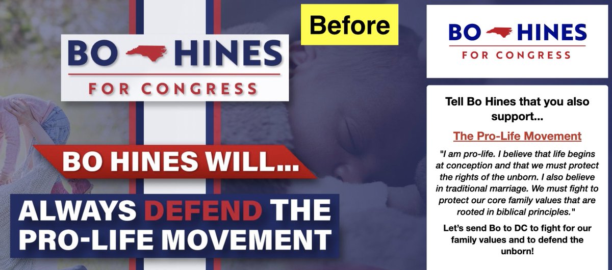 ForwardCarolina's tweet photo. This is rich. @BoHines has scrubbed all mention of his support for a ban on abortion from his website.

Before Dobbs, Bo was very clear: he supported a "100% ban on abortion, no exceptions." What happened? Is he pro-choice now? @bohines, can you clarify? #ncpol https://t.co/acbkmcwmzh