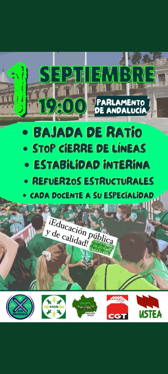 Nos vemos a las 19.00h en el Parlamento.
📢 Por la bajada de ratio
📢 Dejad de cerrar las líneas de la pública
📢 por la estabilidad del profesorado 
📢 refuerzos estructurales 
📣 nosotras luchamos por todo eso, y por supuesto, por la bajada de ratio en orientación 🆘 URGE
