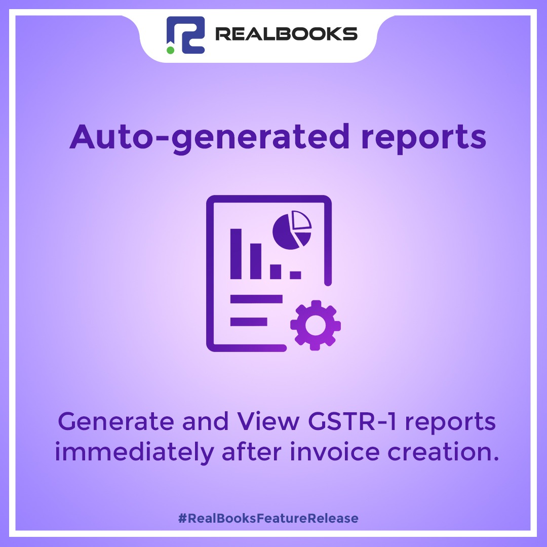 MyRealbooks's tweet photo. We're excited to introduce one-click GSTR-1 filing. Access hassle-free and accurate, the feature enables you to file your GSTR-1 returns in a blink of an eye. 
#realbooks #realbooksfeaturerelease #switchtorealbooks #newfeature #featurealert #cloudaccounting #cloudbasedaccounting https://t.co/twcxtBn2M9