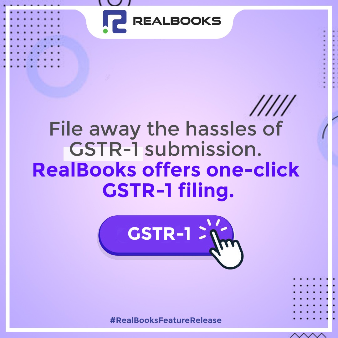 MyRealbooks's tweet photo. We're excited to introduce one-click GSTR-1 filing. Access hassle-free and accurate, the feature enables you to file your GSTR-1 returns in a blink of an eye. 
#realbooks #realbooksfeaturerelease #switchtorealbooks #newfeature #featurealert #cloudaccounting #cloudbasedaccounting https://t.co/twcxtBn2M9