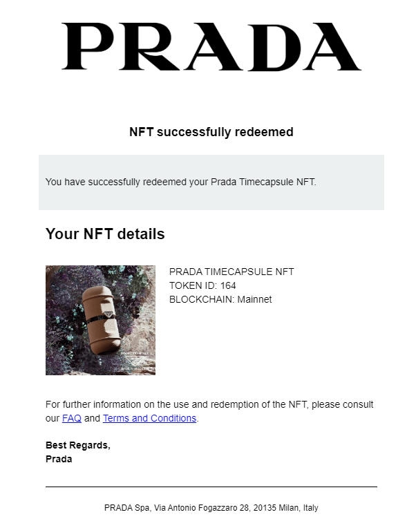 vLANZAh1's tweet photo. Redeemed today! @Prada #Prada #Pradatimecapsule #NFT #PradaNFT https://t.co/aD479s0Ke5