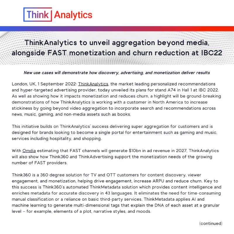 thinkanalytics's tweet photo. ThinkAnalytics to unveil aggregation beyond media,
alongside FAST monetization and churn reduction at IBC 2022.
#ibc2022 #contentdiscovery #FAST #churn